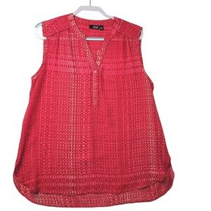 Sleeveless Sheer Blouse Top XL Red Pink Casual  Boho Vacation Beachy Geometric